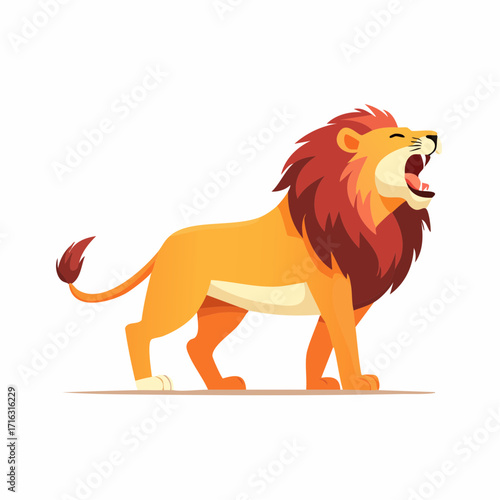 Flat cartoon vector illustration of side view  roaring lion with isolated white