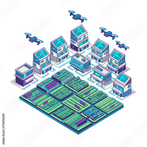 Futuristic rural village vector map. Flat, minimalist design with solar-powered homes and smart farms. Perfect for technology and sustainable living concepts.