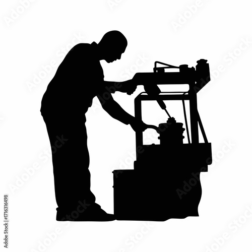 Technician testing prototype mold in machine silhouette isolated on white background