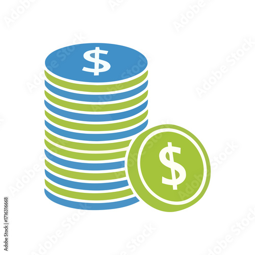 Isolated illustration of stacked currency coins with a dollar symbol, a concept for banking, profit, and financial success