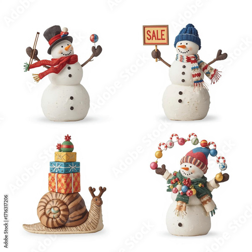 Four festive snowman and snail figurines on white background