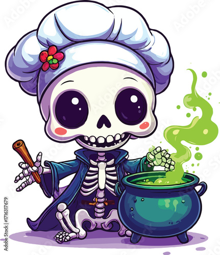 Cartoon Skeleton Chef Stirring Halloween Potion