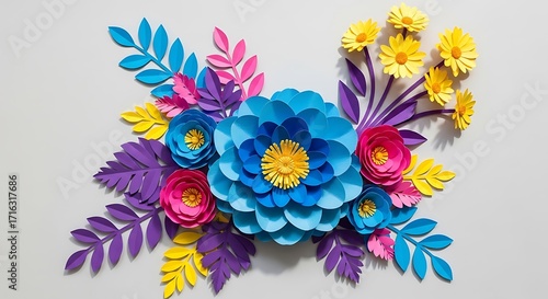 Wallpaper Mural A vibrant arrangement of colorful paper flowers and leaves on a light gray background Torontodigital.ca