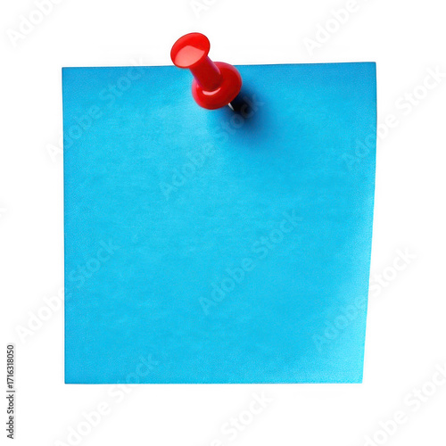 Blue blank sticky post it note with red pushpin isolated on transparent background.