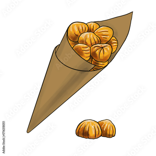 Roasting peeled chestnuts in a paper cone cup