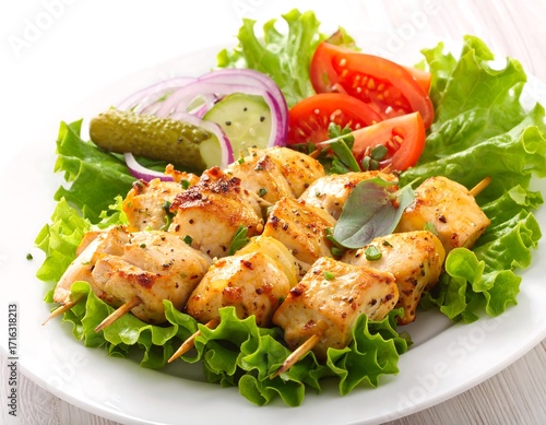 Grilled chicken skewers with fresh vegetables