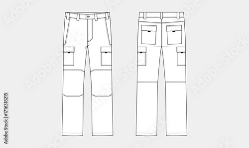 Men's cargo pants sketch, casual clothing editable vector, classic biker jacket, front and back views, fashion technical drawing flat sketch