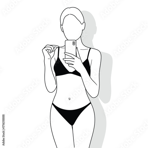 Minimalist line drawing illustration of a woman taking a selfie with smartphone in bikini silhouette vector illustration white background