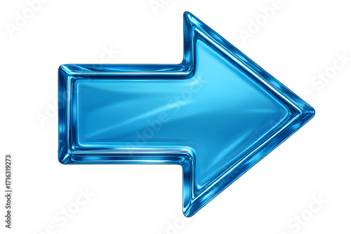 Glossy blue glass arrow pointing right with transparent 3D reflective crystal effect