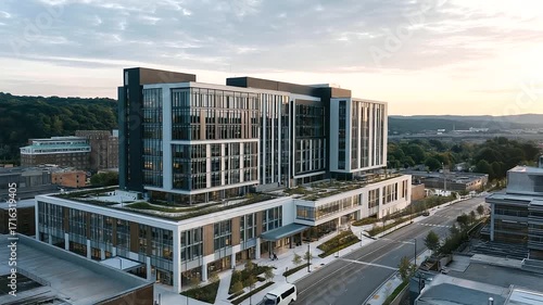 aerial view of multi story hospital with outdoor green zones and walking paths integration of health and nature three quarter wide angle cinematic color correction gentle