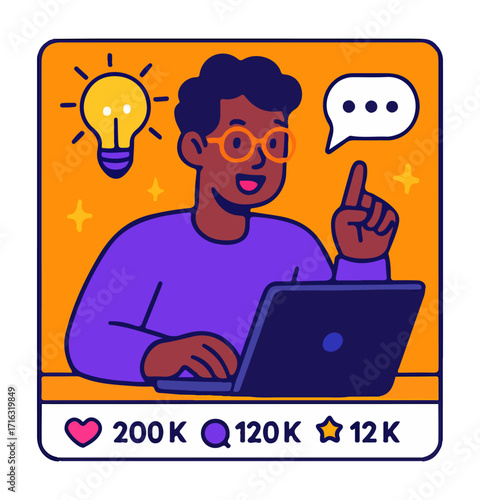 Content creator cartoon with laptop and idea. Influencer character sharing knowledge online. Man digital illustration with social media engagement.