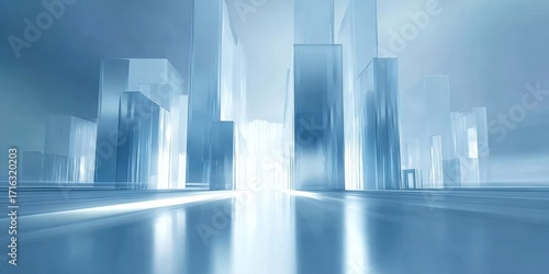 Abstract futuristic cityscape with glowing translucent skyscrapers and reflective surface