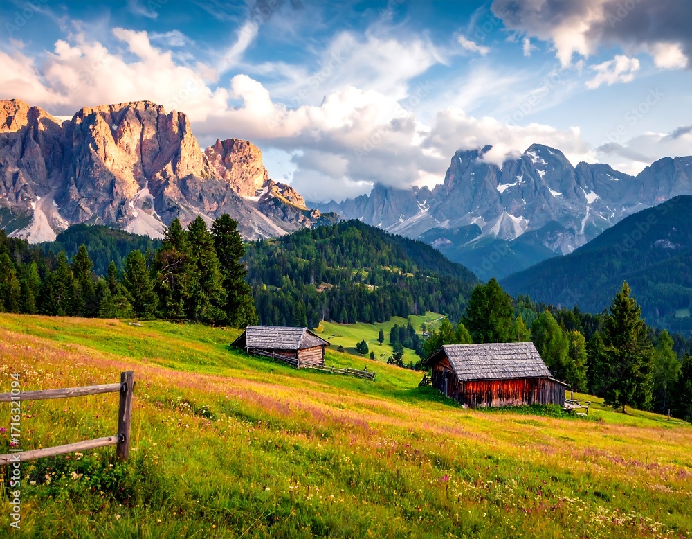 Fototapeta premium Alpine meadow chalet landscape at sunset