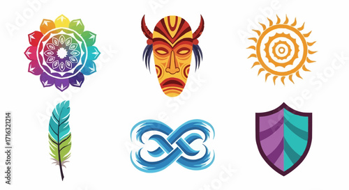 Vibrant cultural mask and symbol collection representing heritage, spirituality, and traditional art elements