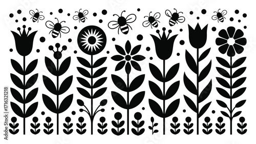 Black Silhouette Wildflower Border with Butterflies,  Vector Illustration for Botanical Designs, Nature-Themed Prints, Minimal Art, Elegant Invitations, Stationery Templates, and Decorative Graphic Pr