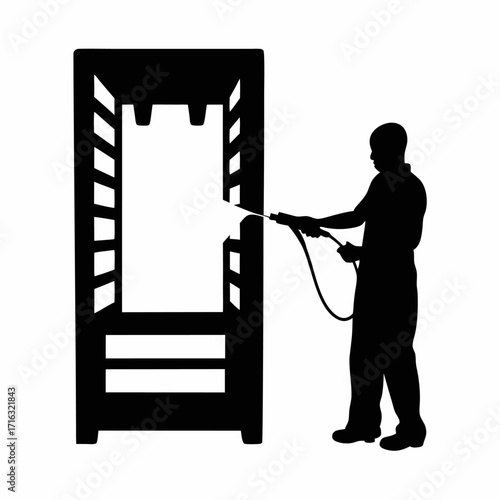 Silhouette of worker applying release spray on mold inside machine isolated on white background