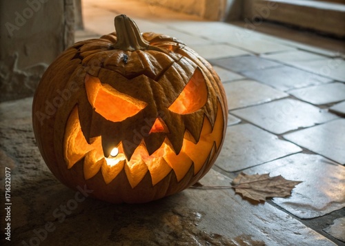 Illuminated Jacko lantern with a scary face on a stone floor indoors for Halloween