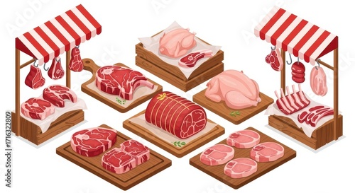 Fresh Butcher Shop Meats Displayed Under Market Stalls