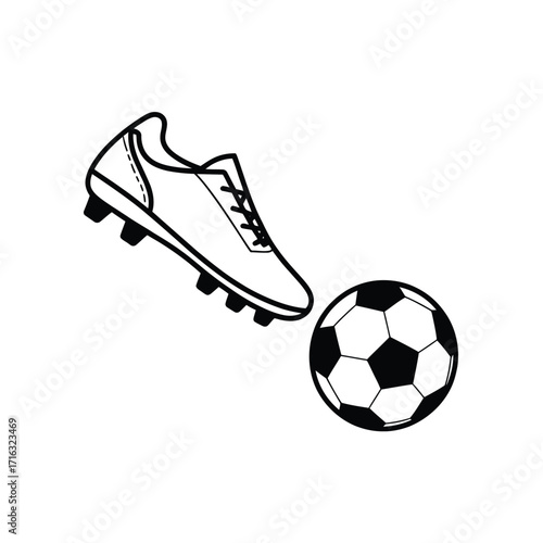 Soccer cleat and ball simple black and white line drawing vector art illustration for sports graphics silhouette vector illustration white background