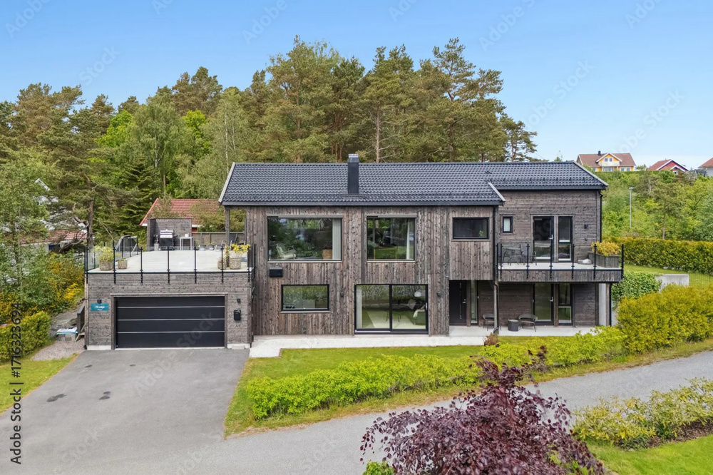 Obraz premium Modern villa exterior in minimal scandinavian style, 3d rendering