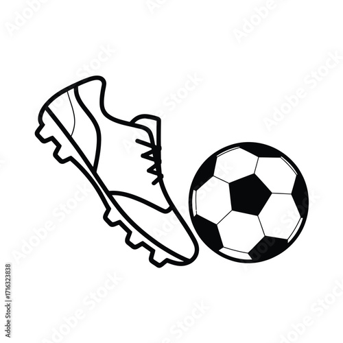 Simple black and white line drawing of a soccer ball and cleat vector silhouette vector illustration white background