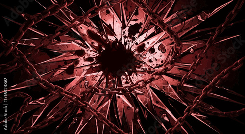 Dramatic shattered glass explosion effect with sharp fragments radiating from dark red impact center.