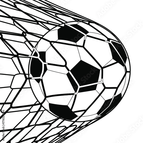 Black and white soccer ball illustration scoring a goal in net vector graphic silhouette vector illustration white background