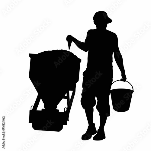 Silhouette of worker carrying bucket of plastic pellets to hopper isolated on white background