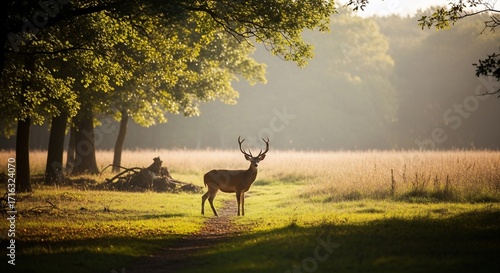 Majestic Stag Stands Solitary in Golden Morning Sunlight, Forest Edge Meadow.