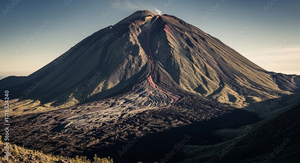 Fototapeta premium Majestic Volcanic Peak Under Soft Golden Hour Sky, Dramatic Slopes and Ash Fields.