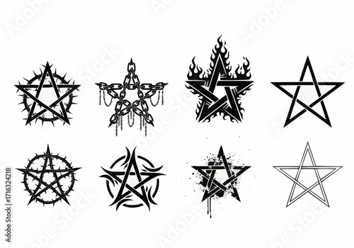 Set of artistic star shapes and ornamental celestial symbols with detailed geometric linework in monochrome vector style.