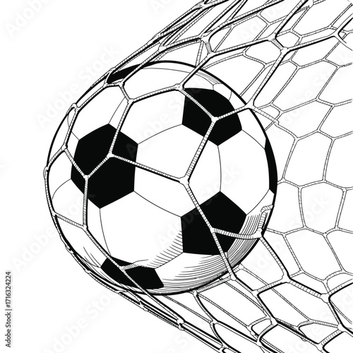 Black and white illustration of soccer ball scoring a goal in net vector eps silhouette vector illustration white background