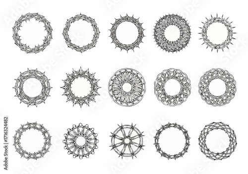 Set of geometric circular frames and mandala-style outlines featuring line art radial symmetry and ornamental shapes.
