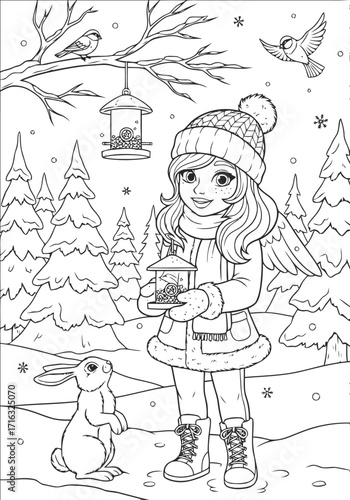 Winter Scene Coloring Page with Girl, Birds, and Rabbit in Forest