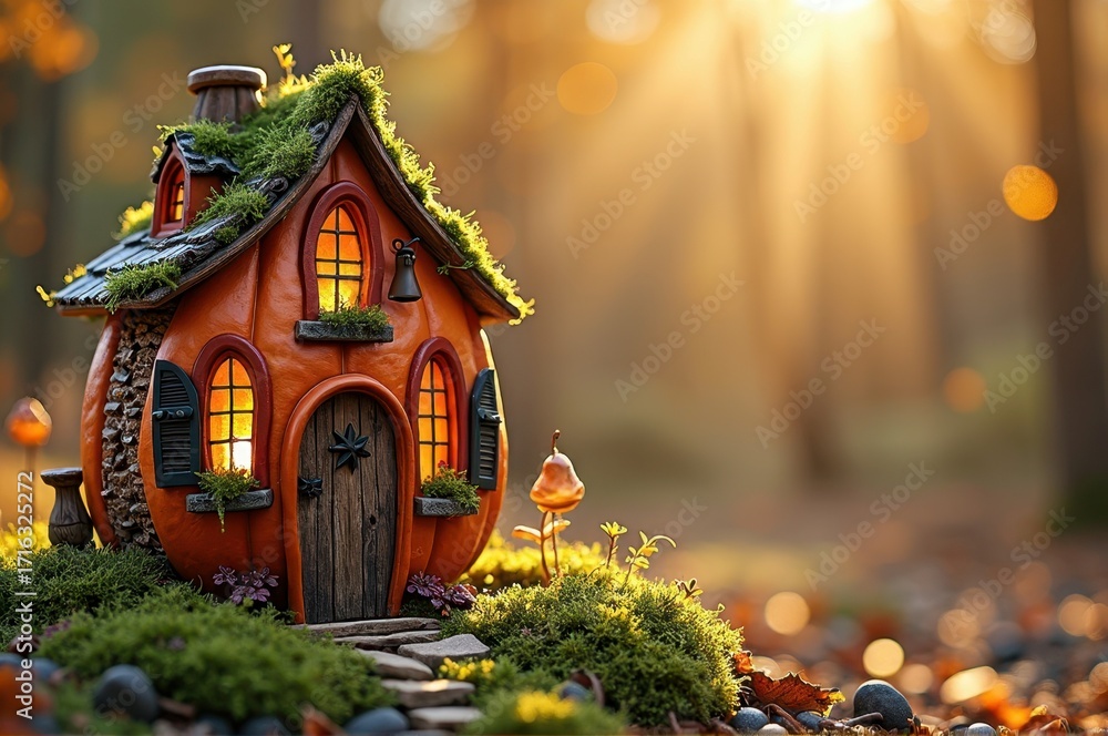 Fototapeta premium Whimsical pumpkin house in forest with warm sunlight rays