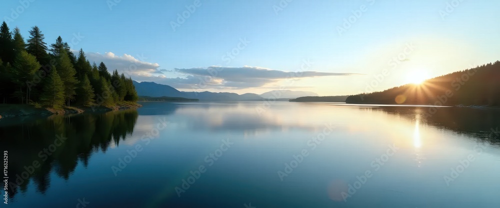 Fototapeta premium A large body of water surrounded by trees and mountains.
