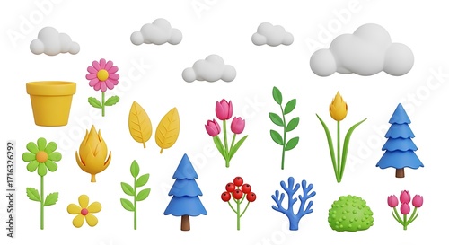 Assorted 3d rendered nature elements for spring and summer scenes