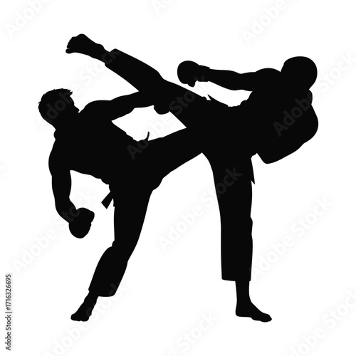 Two silhouettes of martial artists performing dynamic kicks in action vector illustration silhouette vector illustration white background