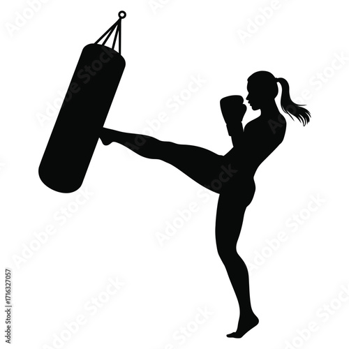 Dynamic woman silhouette kicking punching bag vector illustration scalable eps icon silhouette vector illustration white background