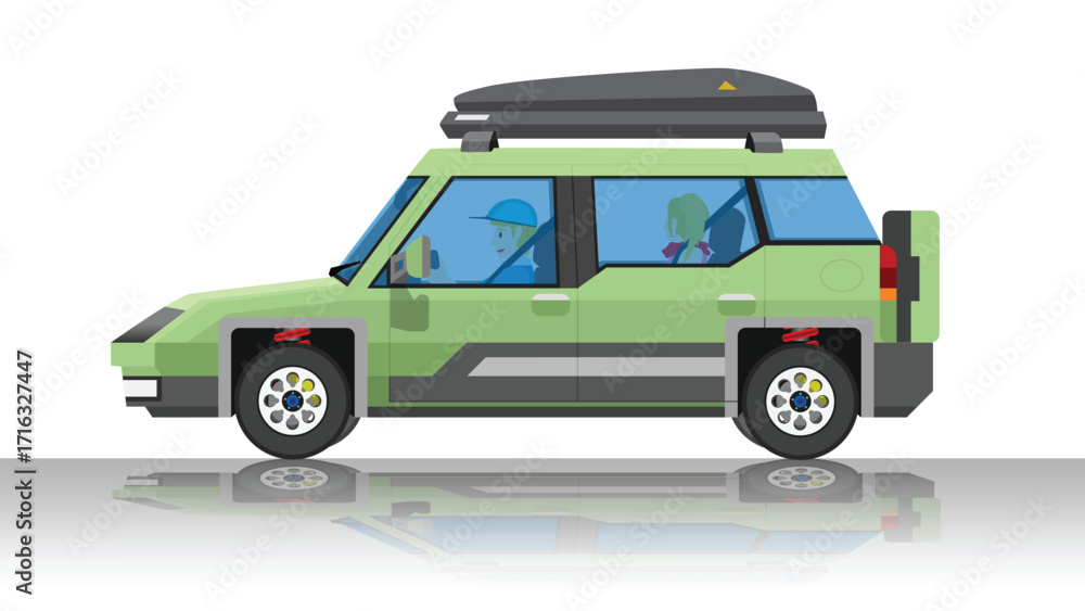 Obraz premium Object of side view traveling of off road. Driving man and famiily inside green car. On the car roof rack Hard shape. With shadow on isolated white background.