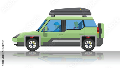 Object of side view traveling of off road. Driving man and famiily inside green car. On the car roof rack Hard shape. With shadow on isolated white background.