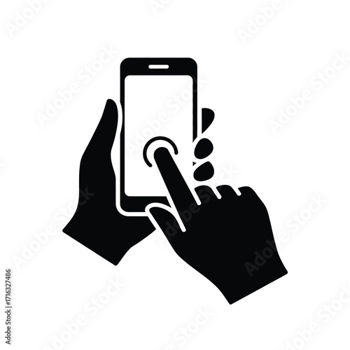 Hands holding smartphone and touching screen vector icon for digital interaction and mobile technology silhouette vector illustration white background