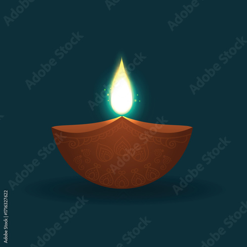 A simple and beautiful illustration of a traditional clay Diya with a glowing flame. A spiritual symbol for the Hindu festival of Diwali on a dark background.