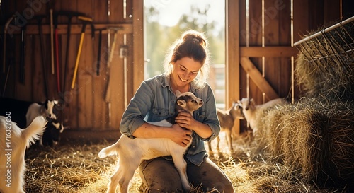 Fototapeta Naklejka Na Ścianę i Meble -  Woman embraces a young goat in sun-drenched rustic barn fostering connection and animal care