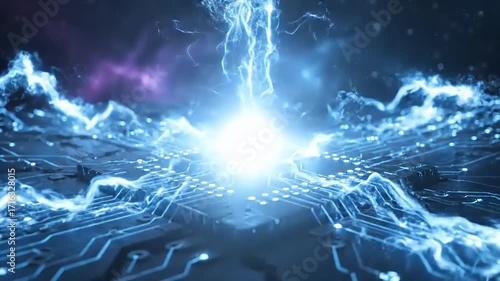 Digital Circuit Board with Glowing Energy Sphere and Electrical Power Surge in Futuristic Space - AI and Technology Concept