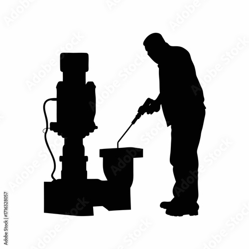 Silhouette of worker polishing mold cavity with tool near injection machine isolated on white background