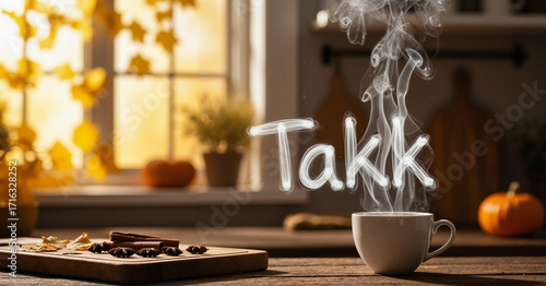 White mug on wood steaming with 