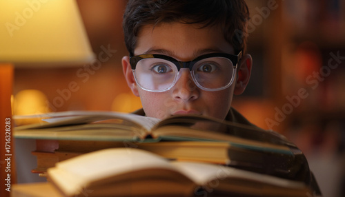 Boy wearing glasses with wide-eyed concentration peering over stack of open books