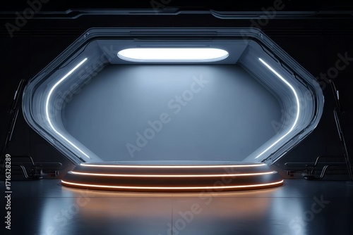 Futuristic illuminated platform with glowing edges and sleek design in a dark high-tech environment
