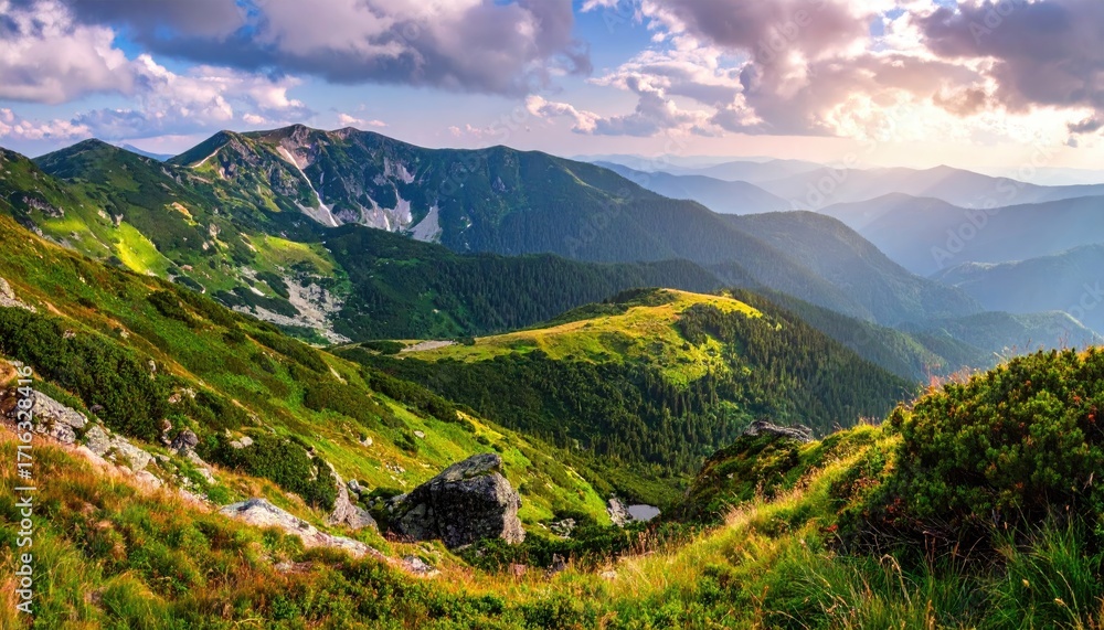 Naklejka premium Green Mountain Range Landscape with Sunlight and Clouds in Summer Time Scenery Panorama View Wild Nature Forest Hill Peak Destination Travel Holiday